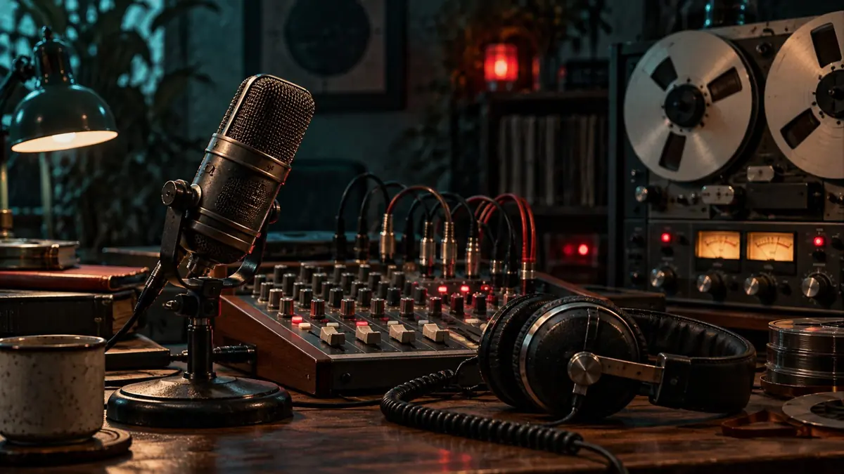 An analog podcast studio: a ribbon microphone, a mixing desk and headphones.